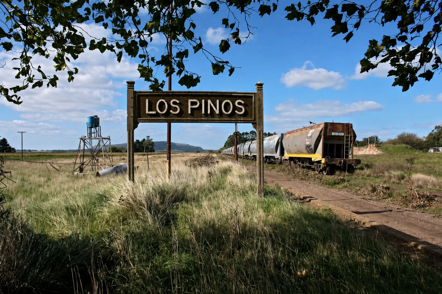 El cartel de madera de la estación en medio del pastizal, con una formación de vagones cerealeros detenida sobre la vía
